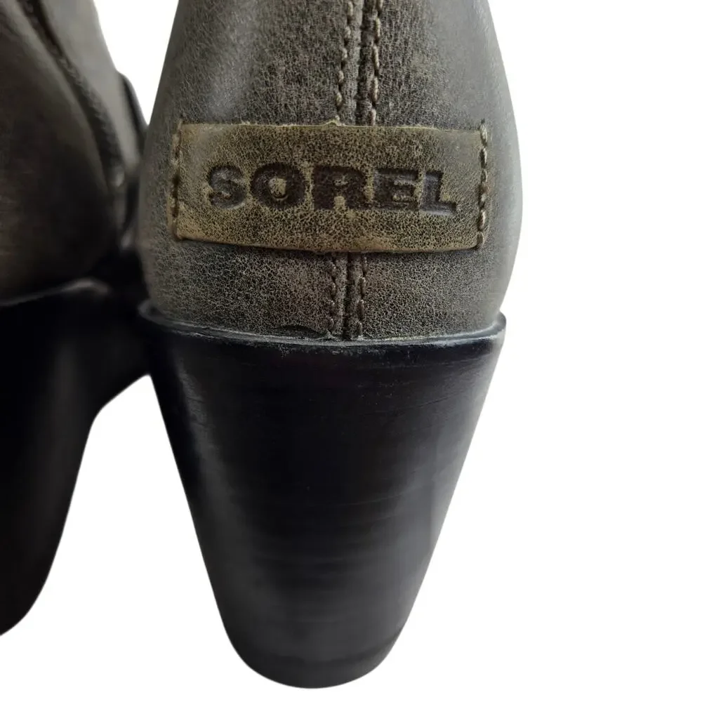Sorel After Hours Wedge Booties Womens 10 Gray Black Leather Moto Biker Mid Calf